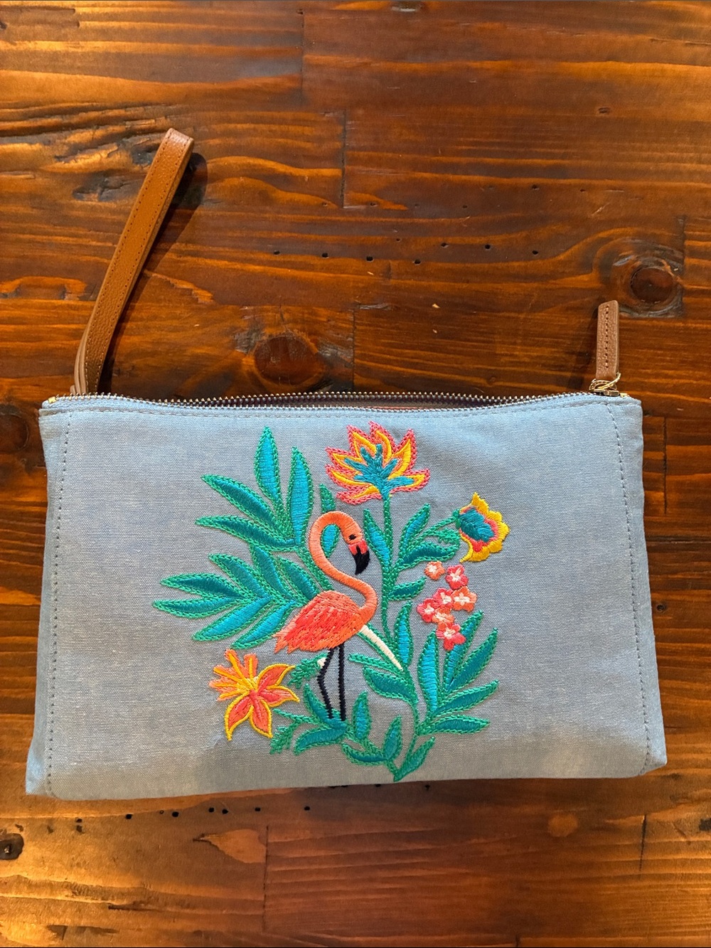 Talbots Light Blue Embroidered Flamingo Wristlet with Tan Strap